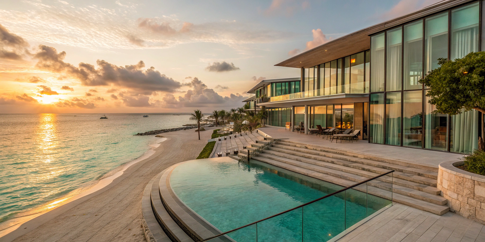 Modern seaside hotel in Batumi — glass facade reflecting the coast