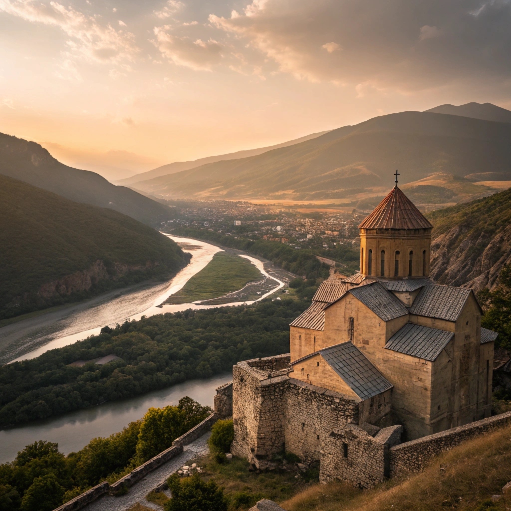 Ancient monastery above a valley — classic heritage view in Georgia