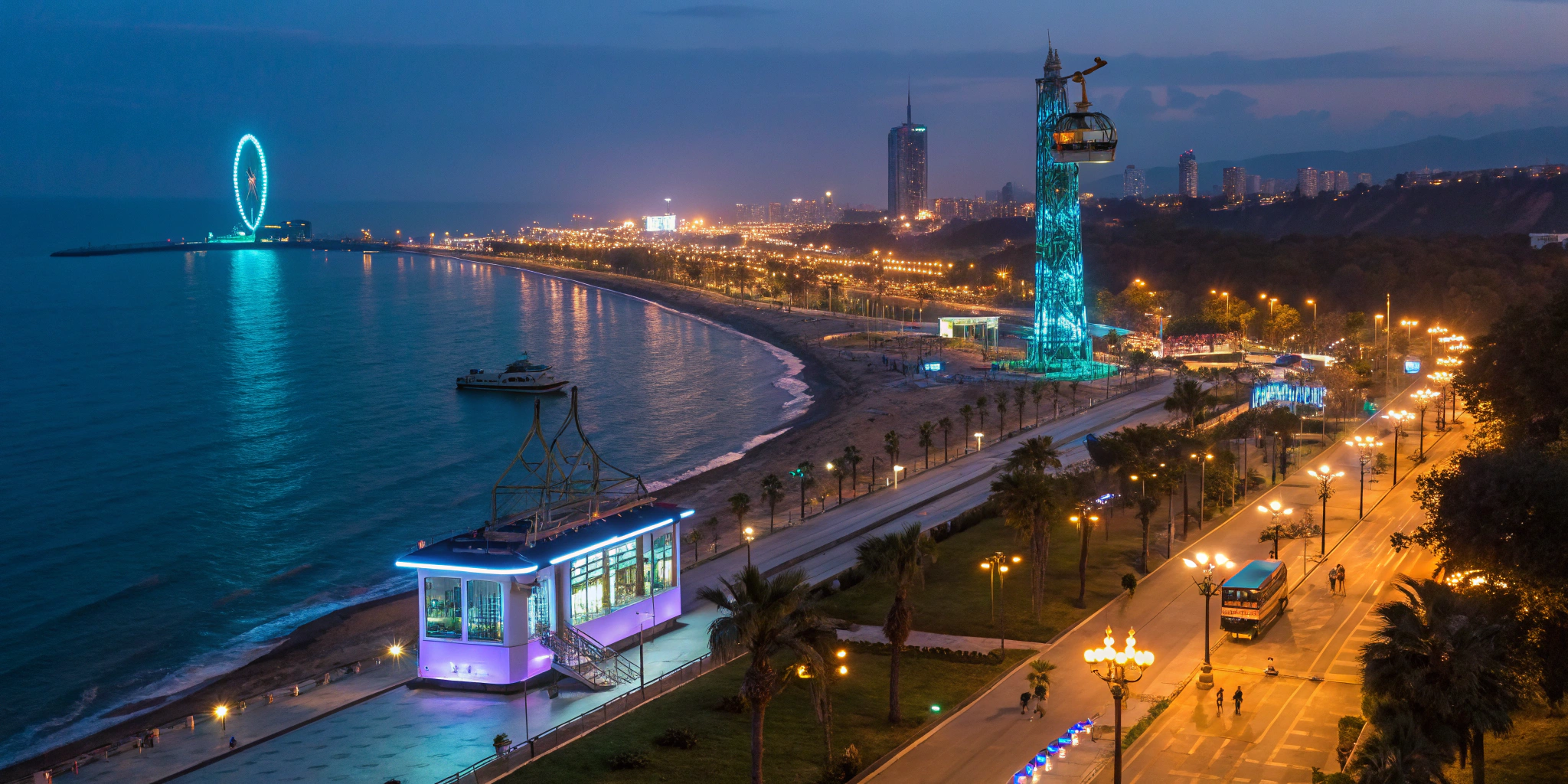 Batumi coastline at night — neon lights, promenade vibe and city energy
