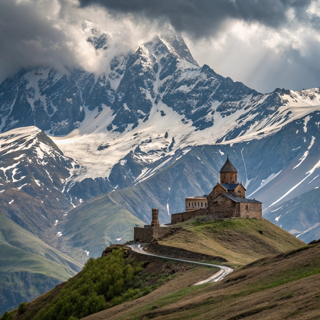 Mount Kazbek and a hilltop church — iconic mountain landscape in Georgia