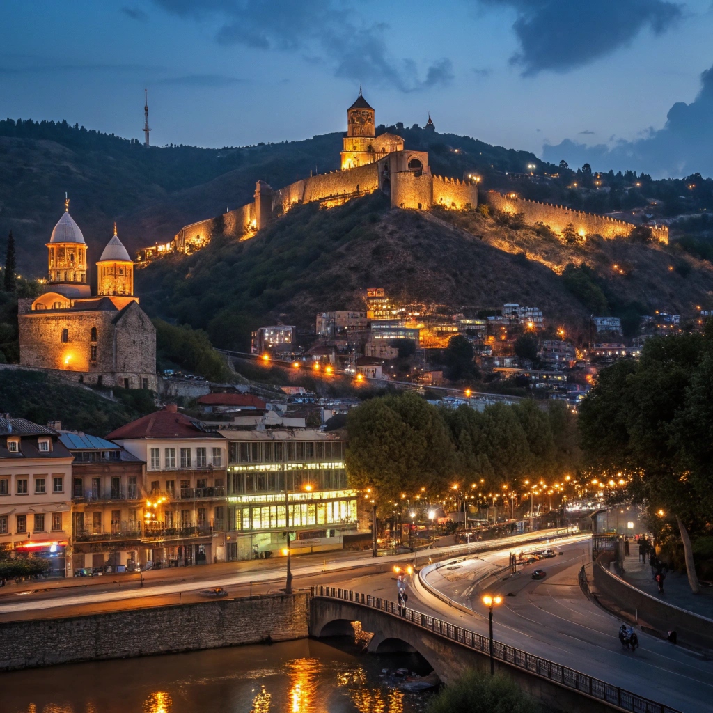 Night panorama of Tbilisi — city lights and a fortress on the hill